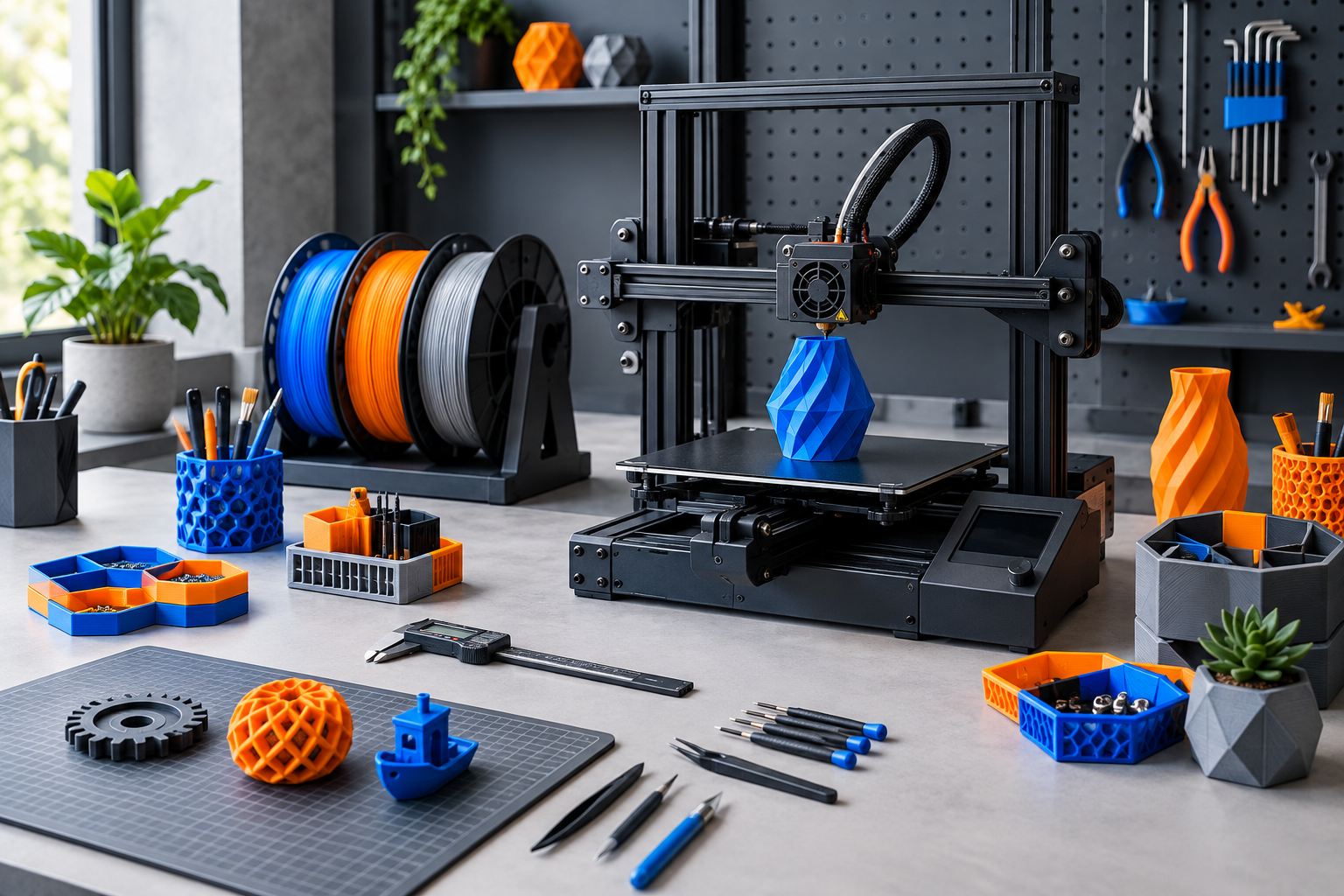3D printing workspace with products and accessories